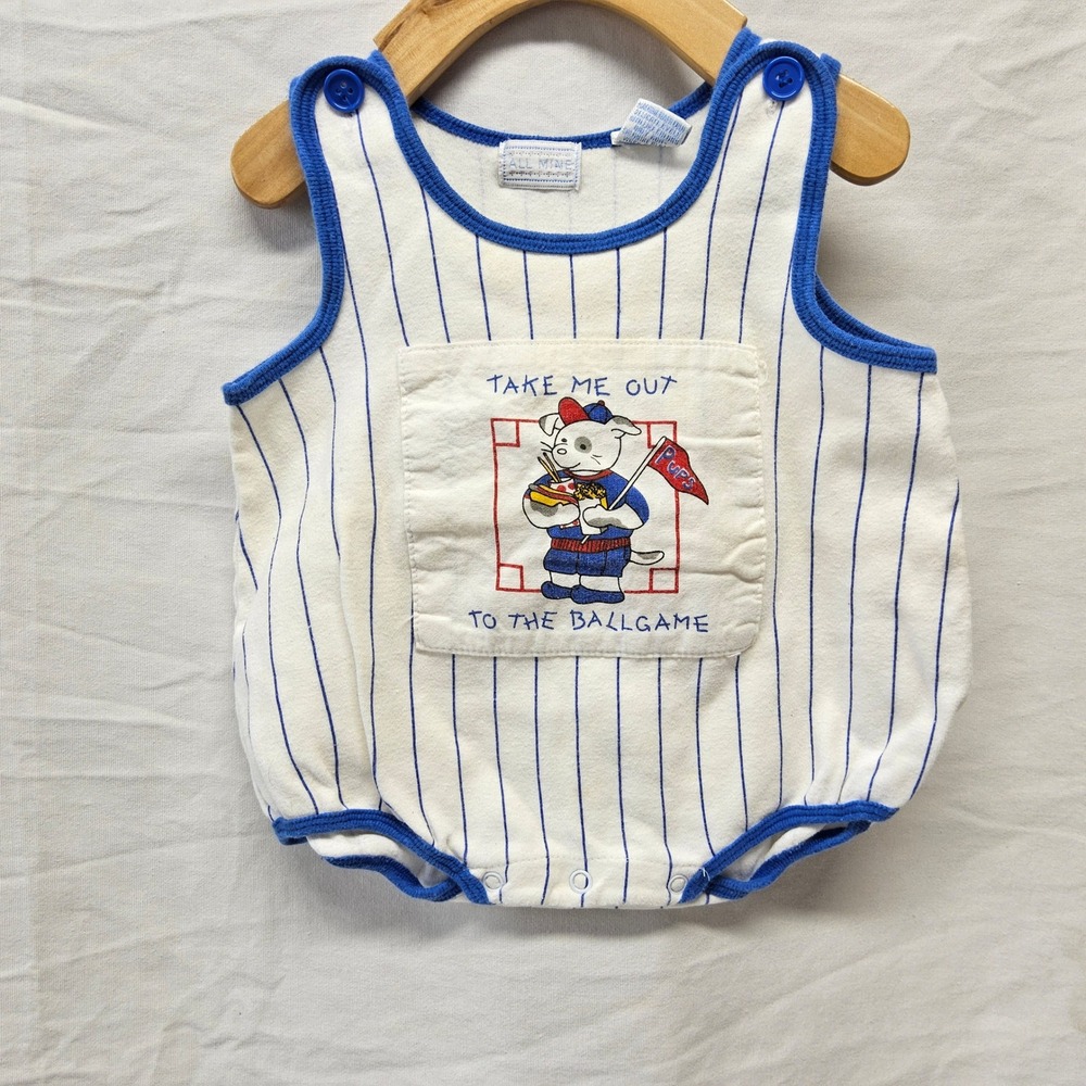 All Mine Romper Baby 3/6 Months White Blue Pinstripe Baseball Graphic Sunsuit